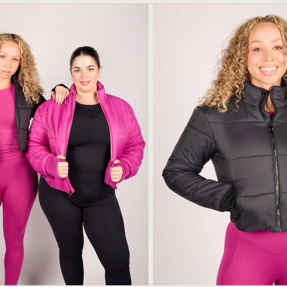 Shefit cropped puffer jacket pair, one pink, one black, both size xl/luxe1